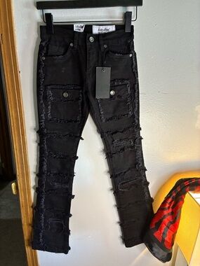 Boys Stacked Black Distressed Ripped Jeans Size 10